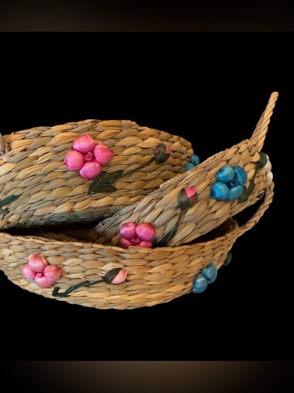 Vintage Raffia Flower Basket Set Nesting Set of 3